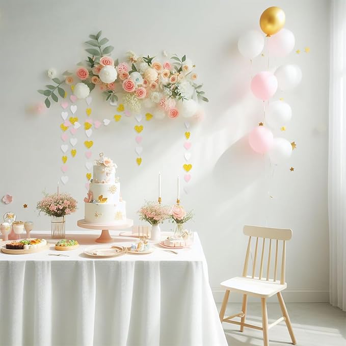 White Gold Pink Party-Decorations - 52Ft Paper Heart Streamers Garland Banner Women Birthday Bridal Shower Wedding Bachelorette Engagement Hanging Decor HongTongTong