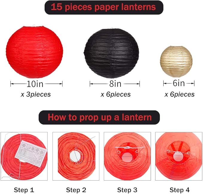 Paper Lanterns Decorative, Round Hanging Paper Lanterns Decorations for Wedding Graduation Anniversary Birthday Party Supplies Black/Gold/Red 15pcs