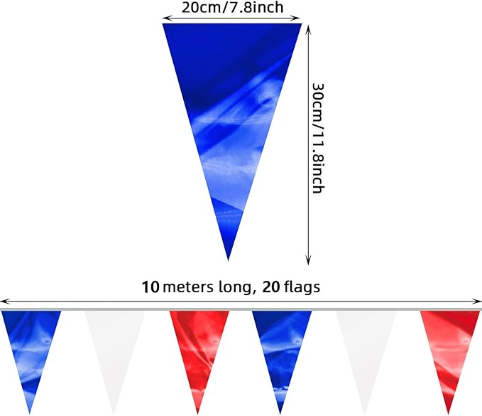 32.8FT White Blue Red Glitter Triangle Pennant Banner Flag Metallic Bunting Fabric Garland for Christmas Graduation, Independence Day, 4th of july, Patriotic Themed Party Decoration