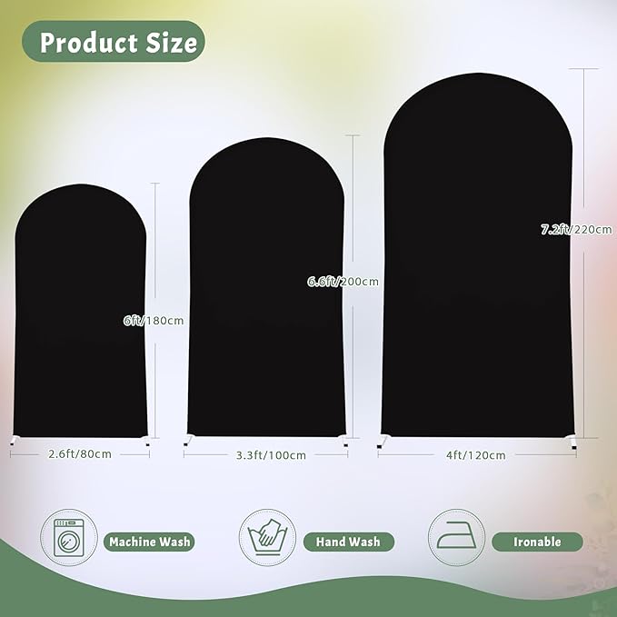 (7.2FT, 6.6FT, 6FT) Wedding Arch Cover Set of 3 Black Spandex Fitted Arch Cover for Round Top Chiara Backdrop Stand Covers for Birthday Party Banquet Photo Background Decoration