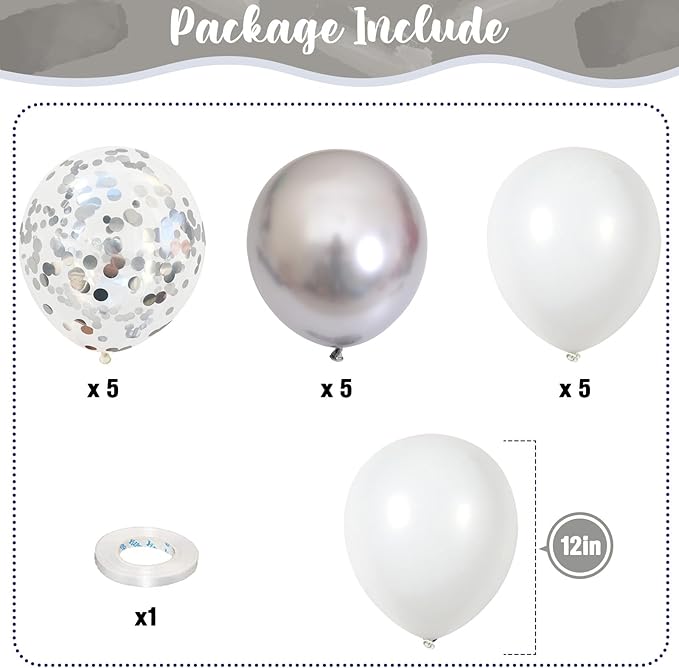Silver and White Balloons, 12 Inch Metallic Silver White Latex Balloons Set Decor with Silver Confetti Helium Balloons for Boys Girls Birthday Party Baby Shower Wedding Graduation Party Decorations