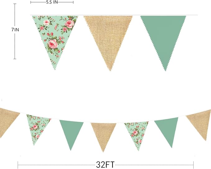 32Ft Flora Party Decorations Sage Green Wildflower Burlap Flora Fabric Banner Triangle Flag Pennant Garland Streamer for Tea Party Vintage Birthday Wedding Baby Shower Mother's Day Engagement Decor