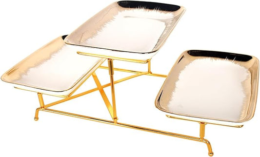 3-Tiered Serving Rack with Ceramic Tray, Foldable Gold Stand with 3-PCS 10.6 Inch Gold Rim Plates, for Food Display, Fruit, Dessert，Decoration for Parties Entertaining