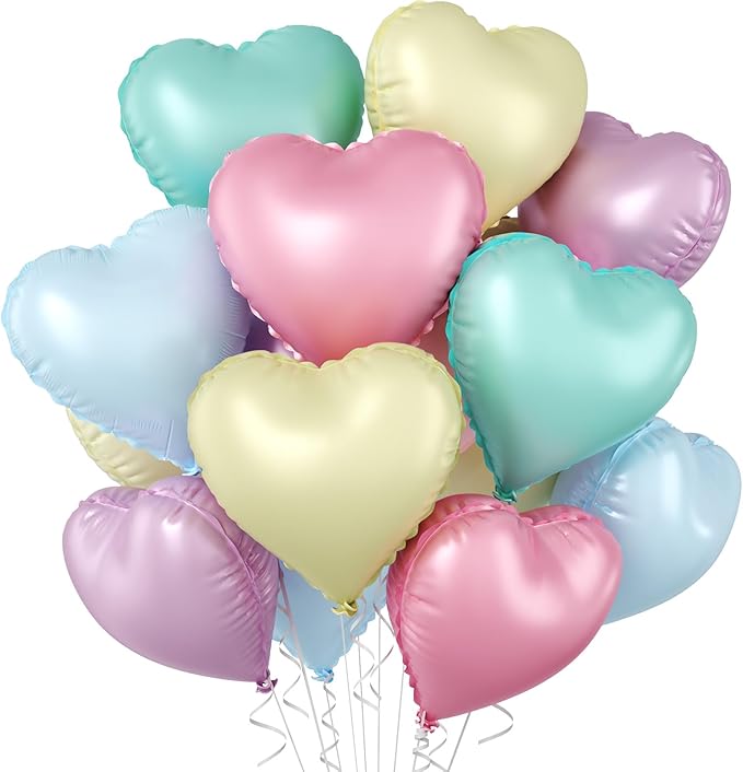 Pastel Heart Balloons, 10 Pcs Macaron Heart Shape Balloon, 18 Inch Pastel Pink Purple Teal Blue Yellow Foil Valentines Balloons for Kids Candy Birthday Wedding Valentines Baby Shower Party Decorations
