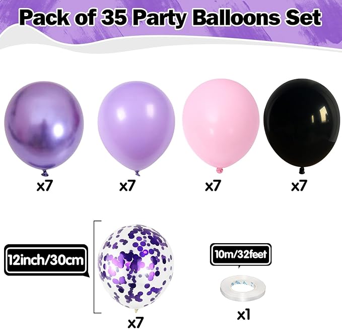 Purple Pink Balloons 12 Inch Purple Pink Black Balloons 35 Pcs Mermaid Halloween Balloon Set with Metallic Confetti Balloon for Girls Wedding Bride Shower Baby Shower Birthday Party Decorations