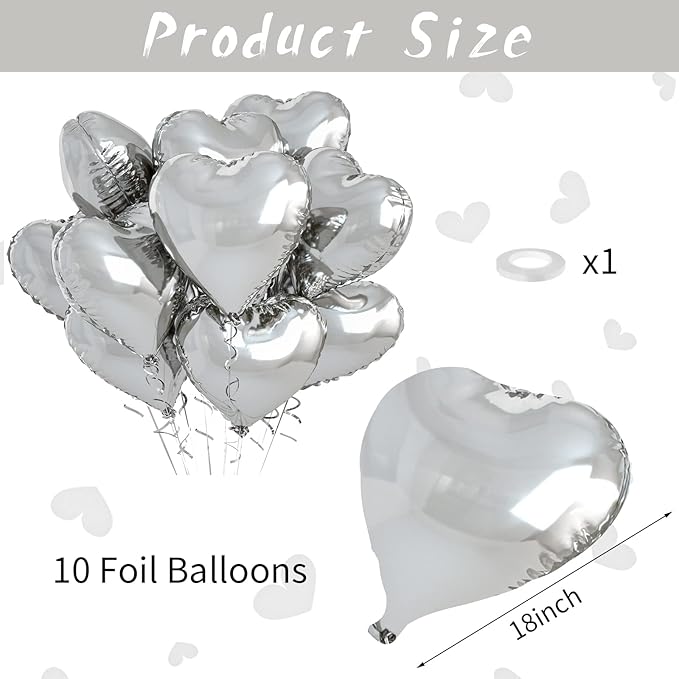 Biapian Silver Heart Balloons, 10PCS Valentines Balloons 18inch Love Foil Balloons for Helium Birthday Decorations for Valentines Day, Wedding, Birthday, Baby Shower
