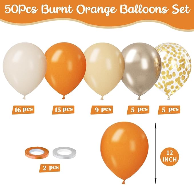 Paready Burnt Orange Balloons Set, 50Pcs Orange and Apricot Balloons, 12 Inch Metallic Confetti Gold Sand White Apricot Balloon for Baby Shower Thanksgiving Tropical Fall Party Supplies