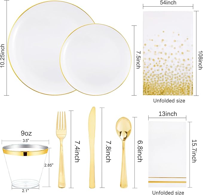 Festiva 176Pcs White and Gold Plastic Plates - White with Gold Rim Fall Dinnerware Set - 25Guest include Plates Cups Cutlery Napkins for Fall Party&Wedding& New Year&Thanksgiving
