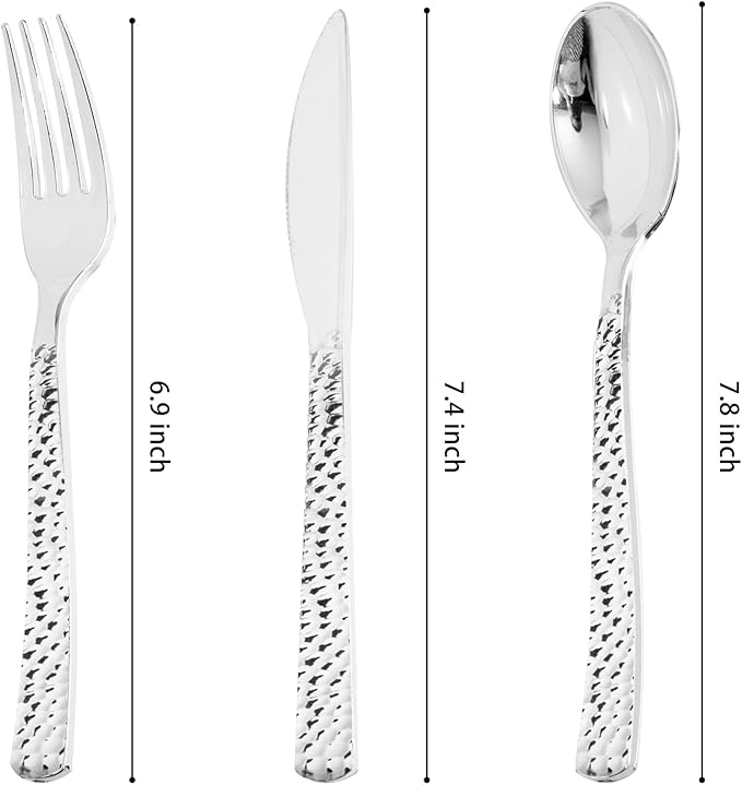 Nervure 300PCS Silver Plastic Silverware - Disposable Silver Cutlery - Hammered Plastic Utensils Include 100 Forks, 100 Knives, 100 Spoons Perfect for Dinner, Party & Wedding