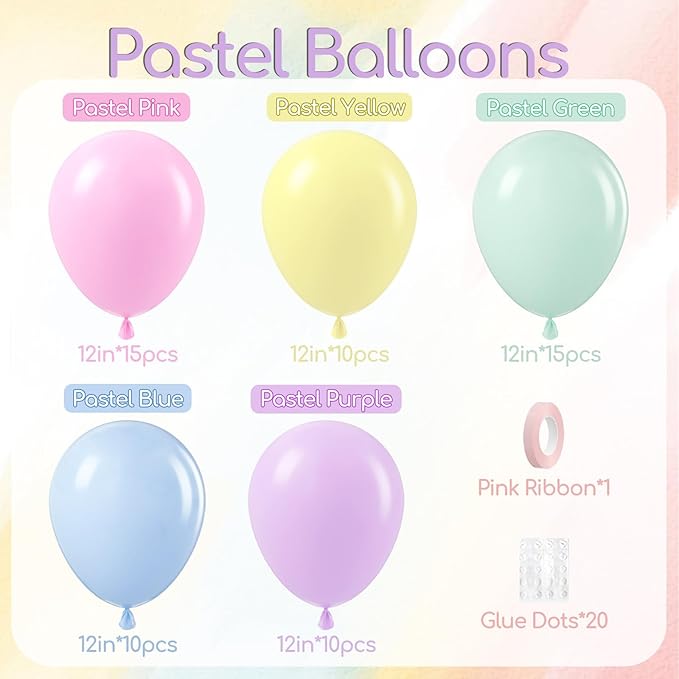 60pcs Pastel Balloons 12inch, Pastel Color Balloons with Light Pink Green Yellow Blue Purple Balloon for Easter Rainbow Baby Shower Birthday Party Decorations
