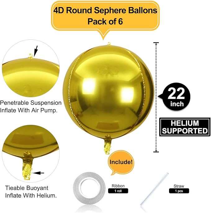 6 Pack Gold Balloons 22 Inch 4D Big Round Foil Balloons Gold Metallic Balloons for Wedding Birthday Bridal Shower Baby Shower Decorations Party Supplies