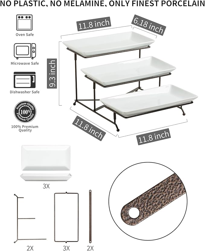 LAUCHUH 3 Tier Serving Tray Porcelain Tiered Serving Stand Collapsible Sturdier Rack Serving Platters with 2 Cross Bars for Thanksgiving, Christmas, Fruit Dessert Party Display Set, 12 Inch, Bronze