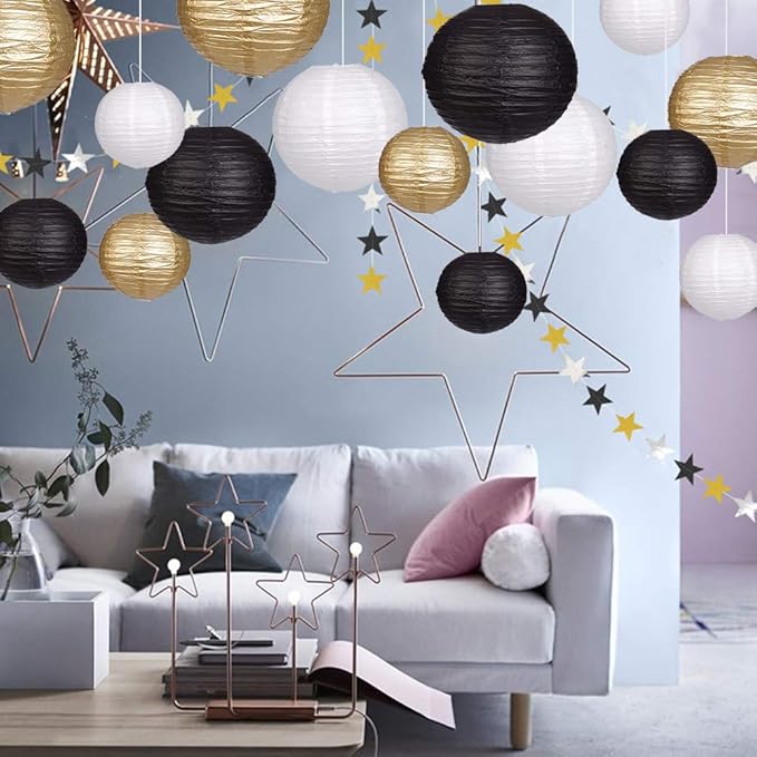 Paper Lanterns Decorative, Round Hanging Paper Lanterns Decorations for Wedding Graduation Anniversary Birthday Party Supplies Black/Gold/White 15pcs