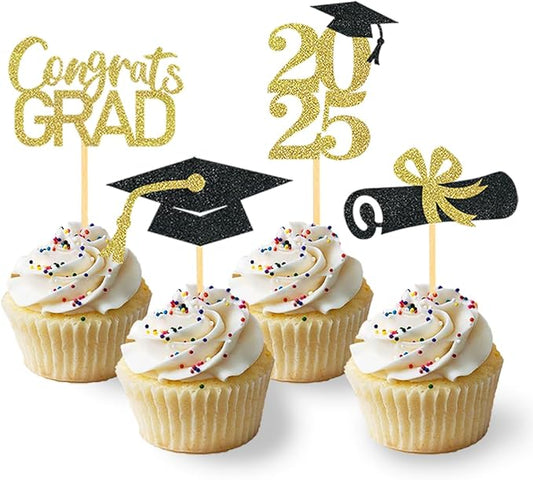 24Pcs Graduation Cupcake Toppers, Graduation Cupcake Picks for Cupcake Food Decorations - Class of 2025 Cupcake Toppers Supplies (Gold)
