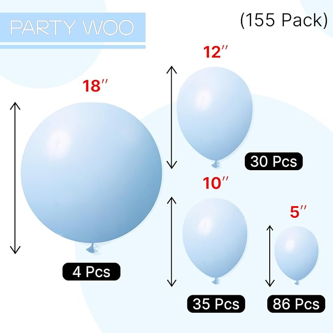 PartyWoo Baby Blue Balloons 155pcs Different Sizes of 18 12 10 5 Inch Light Pastel Sky Aqua Blue Balloon Arch Kit Garland for Graduation Baby Shower Gender Reveal Easter Party Decorations Blue-Q13