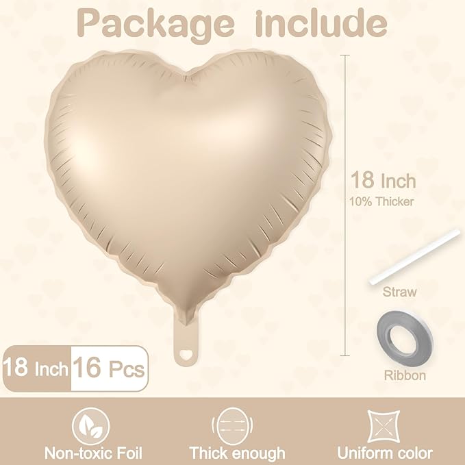 16 Pcs Heart Balloons, 18 Inch Beige Love Heart Shaped Foil Balloons for Wedding Anniversary Birthday Party Valentine Decorations Baby Shower Bridal Shower Engagement Decorations Supplies
