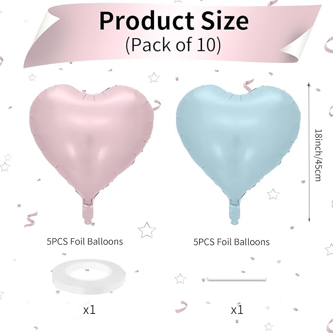 Pink Blue Heart Balloons, 18 Inch Pastel Blue Pink Foil Balloons, 18 Inch Light Pink and Blue Heart Shape Balloon for Girls Boys Birthday Baby Shower Gender Reveal Party Decorations