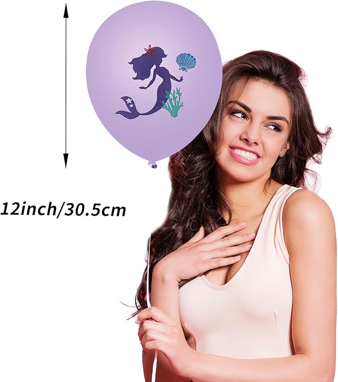 Mermaid Party Balloons, Mermaid Purple Pink Teal Balloon with conch shell starfish Print Balloons Mermaid Confetti Balloon for Under the Sea Theme Birthday Kids Girls Princess Party Supplies