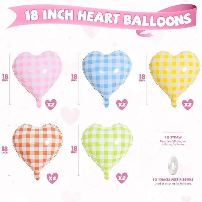 Pastel Grid Heart Balloons, 10 Pcs Rainbow Checkered Heart Shape Balloon, 18 Inch Pink Yellow Blue Red Green Lattice Foil Balloons Helium for Kids Birthday Valentines Baby Shower Party Decorations