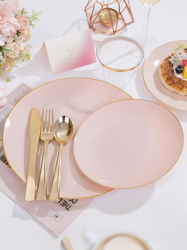 WDF 150Pcs Pink Plates Disposable - Pink and Gold Plastic Plates 25guest Disposable Dinnerware Include 25 Dinner Plate, 25 Dessert Plate, 25 Cutlery & 25 9oz Cups for Wedding & Party