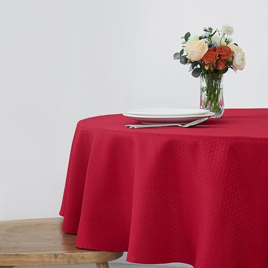 maxmill Round Tablecloth Weaved Texture Design Spill-Proof Wrinkle Free Soft Christmas Table Cloth for Circular Table Cover, for Dining Room Banquet Parties Holiday Dinner, 70 Inch Red