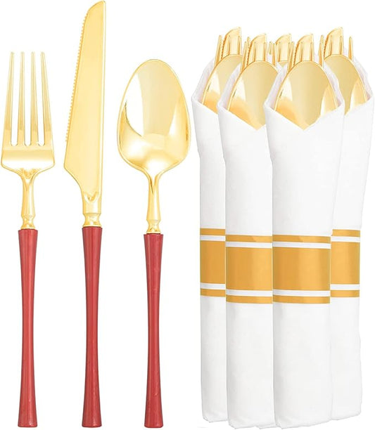 Liacere 30 PCS Gold Plastic Silverware with Pre Rolled Napkins - Gold Plastic Cutlery Premium Gold Plastic Utensils with Red Handle Includes 10Forks 10Knives 10Spoons 10Napkins for Christmas Day