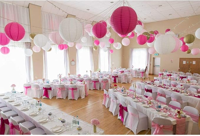 24pcs Hanging Round Paper Lanterns for Wedding Birthday Party Baby Showers Decoration Pink/White