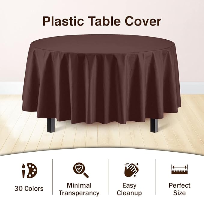 Party Solids 6-Pack Premium Plastic Tablecloth 84in. Round Plastic Table Cover - Brown