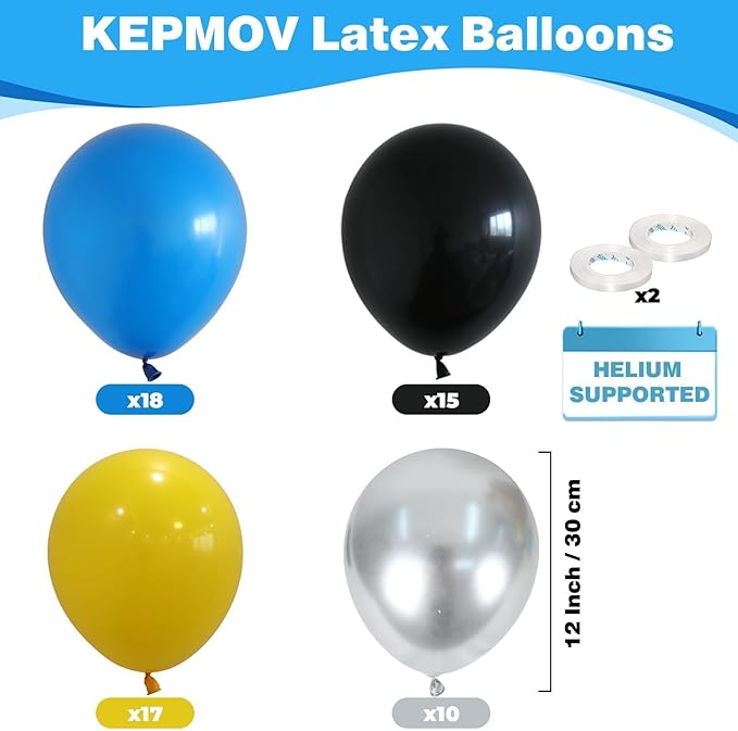 Balloons Blue Yellow and Black 60 Pcs, 12 Inch Dark Blue Yellow and Black Latex Balloons with Metallic Silver Balloons for Boys Police Robots Bat Hero Birthday Graduation Halloween Party Decorations