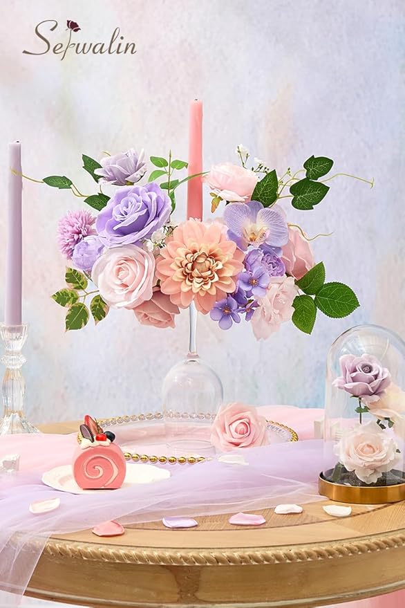Serwalin Artificial Pink & Purple Flowers, Silk Fake Flowers for DIY Wedding Bouquets Cake Flower, Table Centerpieces Baby Shower Birthday Party Home Decorations