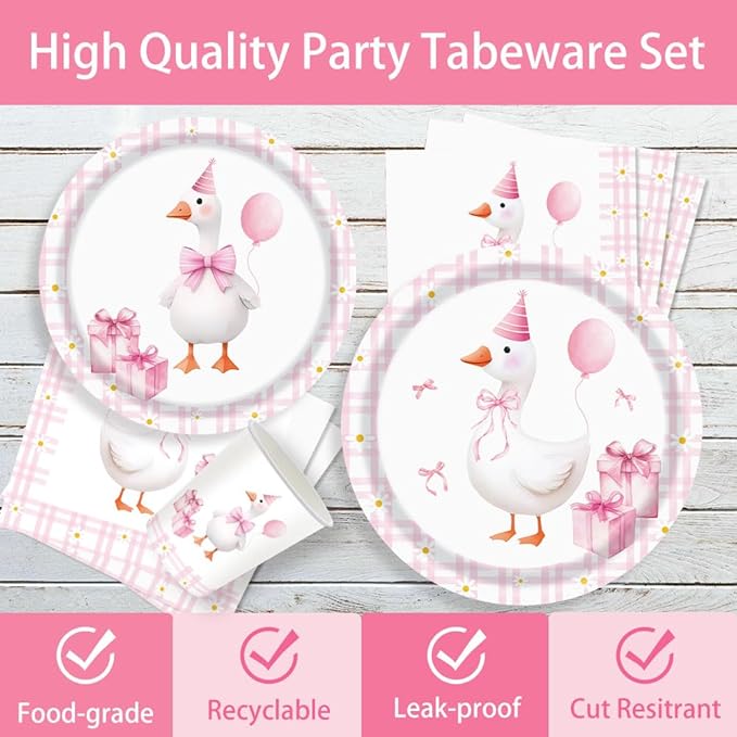140pcs Pink Pet Duck Birthday Decorations Supplies, Disposable Paper Dinnerware Set Paper Plates Napkins Cups Set for 20 Guests Duck