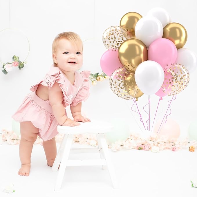 Patimate Pink Gold Confetti Balloons Set, 50 pcs 12 inch Metallic Gold Pastel Pink White Confetti Latex Balloons Kit for Birthday Baby Shower Girl Princess Party Decorations
