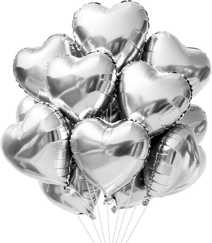 TONIFUL 15Pcs 18 Inch Silver Heart Balloons Silver Heart Shape Foil Mylar Balloons Decoration for Birthday Valentine's Day Wedding Bridal Shower Anniversary Engagement Party Supplies