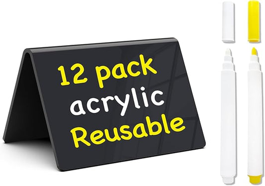 PigPotParty Acrylic Mini Chalkboard Signs for Food, 12 Pcs 4"x3" Small Food Labels for Party Buffet, Glossy Black Table Place Cards for Wedding, Elegant Event Decorations, w/ 2 Wet Erase Markers