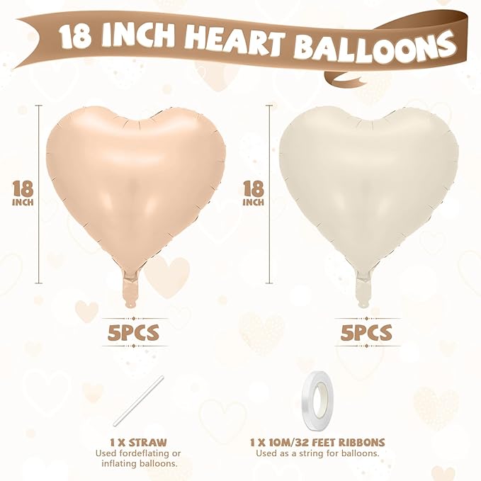 Cream Apricot Heart Balloons, 10 Pcs Beige White Caramel Foil Heart Shaped Balloon, 18 Inch Nude Neutral Balloons Helium for Engagement, Brithday, Baby Shower, Wedding, Valentines Party Decorations