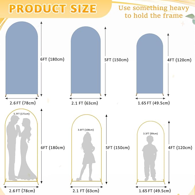 Metal Arch Backdrop Stand and Cover Set 4&5&6ft Gold Arches Stands Dusty Blue Arch Covers Stretchy Backdrop Wedding Backdrops Arched Stand with Cover for Wedding Party Banquet Event Decor