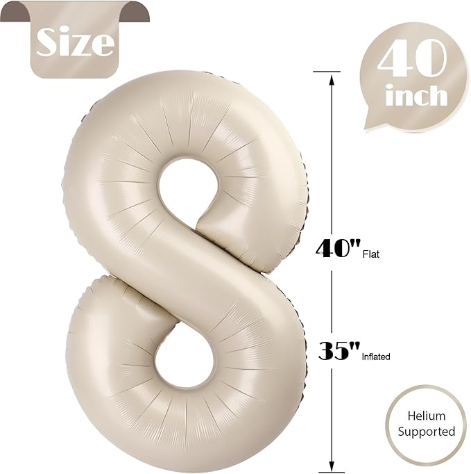 Cream Number 8 Balloon 40 Inch, 8th Birthday Party Decorations for Children, Giant 8 Foil Balloon for Party Supplies