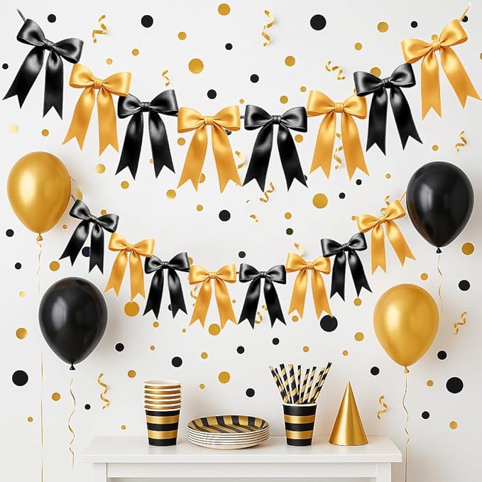 1 String of 8PCS Black&Gold Bow Garland Banner Decoration,Pre-Strung Satin Ribbon Ornaments for Birthday,Bachelorette Party,Bridal Shower,Wedding,Engagement,Baby Shower,Graduation Decor,Anniversary