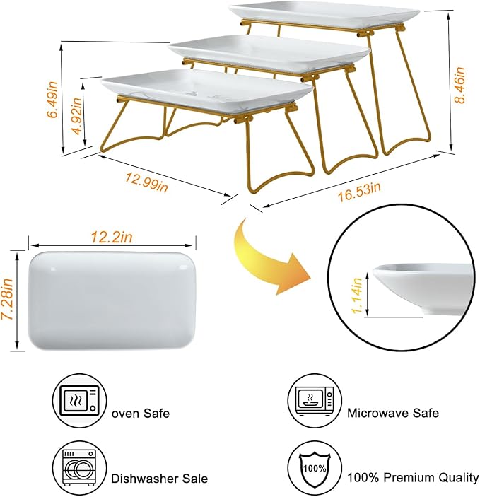HAPPY KIT 3 Tier Serving Tray Set with Gold Freely Combinable Rack,12 Inch Tiered Tray Stand,Widened Porcelain Platters,Decor Cupcake Stand for Christmas Party Display,Dessert Trays Collapsible