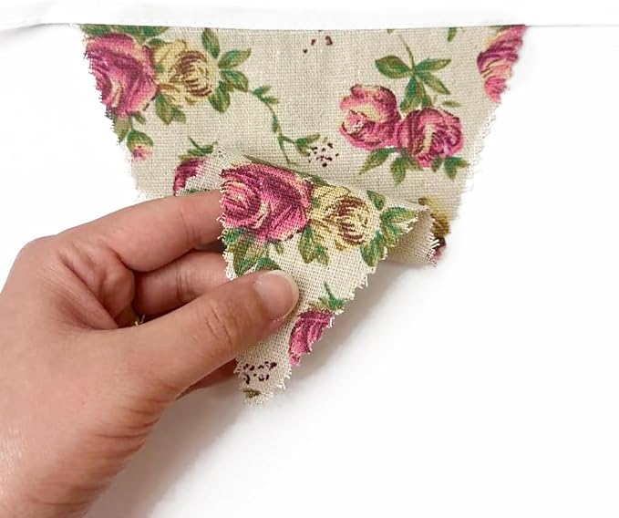 46Ft Vintage Floral Burlap Banner Flower Burlap Triangle Pennant Flag Linen Bunting Garland Streamers for Rustic Birthday Boho Wedding Baby Shower Engagement Camping Spring Easter Party Decorations