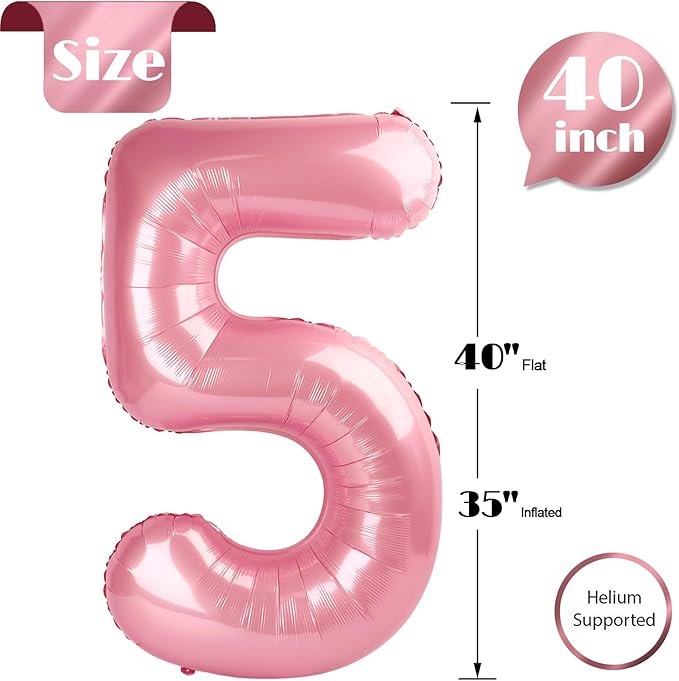 Pearlescent Pink Number 5 Balloon 40 Inch, 5th Birthday Party Decorations for Children, Giant 5 Foil Balloon for Party Supplies