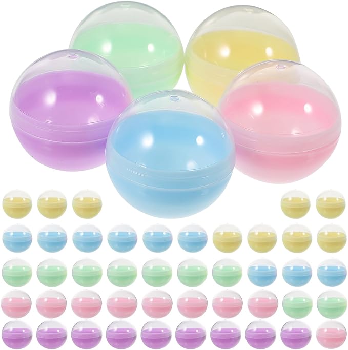 Toyvian 50pcs Gumball Vending Machine Capsules, 2 Inch Empty Round Plastic Containers, Clear-colored Toy Bulk Balls Supplies for Prize Easter Party Favor Surprise Stuffer Diy Craft(5 Colors)