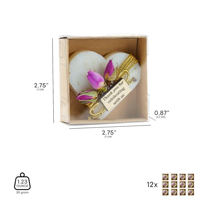 Heart Shaped Soaps 12-Pack, Handmade Scented Mini Soaps for Bridal Shower Party Favors, Wedding, Baby Shower & Engagement Gifts for Guests, Thanks You for Celebrating with Us Wooden Tag