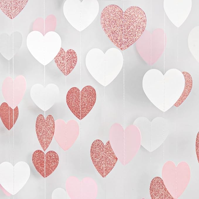 Rose-Gold Pink White Party Decorations - 52Ft Paper Streamers Women Girl Birthday Garland Baby Bridal Shower Banner Bachelorette Engagement Wedding Mothers Day Valentines Galentines Decor HongTongTong