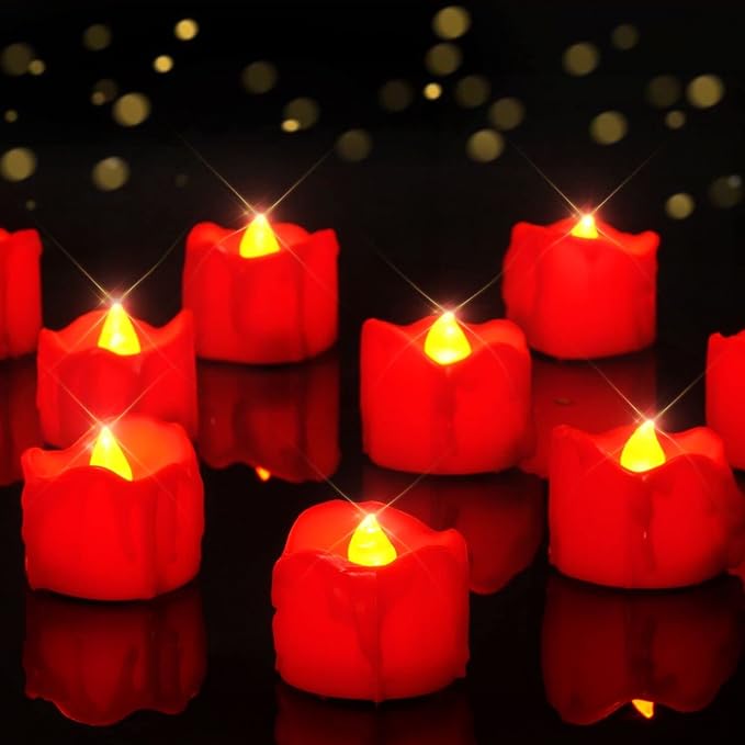 Homemory 48-Pack Halloween Red Dripping Flameless Tea Lights, Battery Operated Flickering LED Candles, Safe for Pumpkins, Party & Holiday Decor, 1.58" D x 1.2" H, Warm White Glow