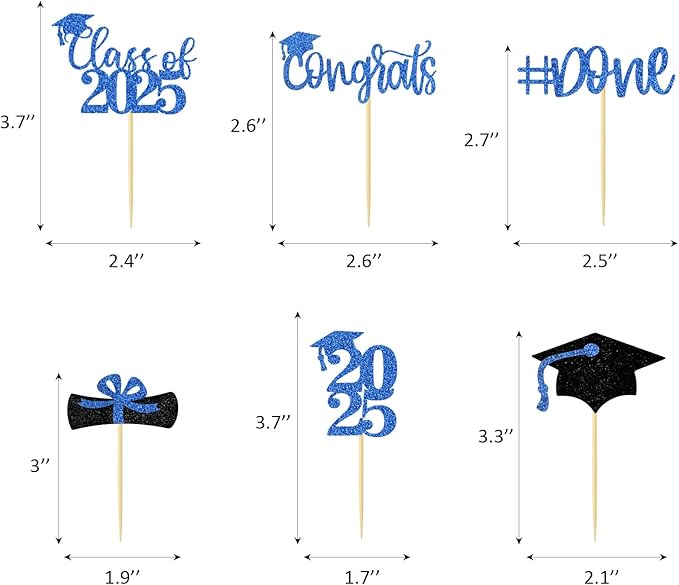 24Pcs Graduation Cupcake Toppers Glitter Congrats Grad Diploma 2025 Graduation Cap Cupcake Picks Class of 2025 Cake Decorations for 2025 Theme Party Supplies(Blue)