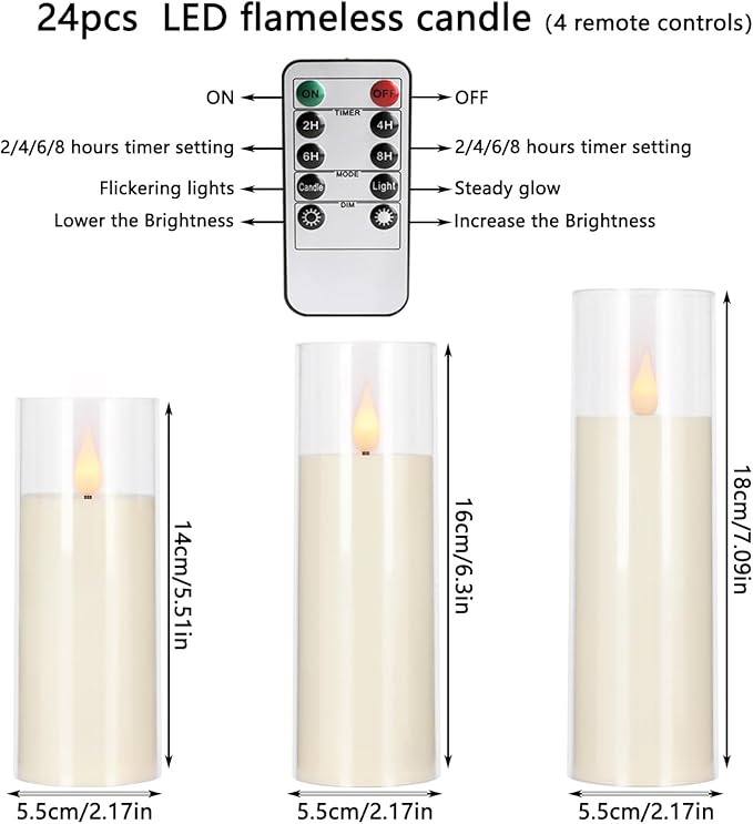 Flickering Flameless Candles Battery Operated with Remote,Led Pillar Candles with Realistic Moving Wick Candles for Halloween,Christmas,Home Decor Pack of 24 (D2.2 xH 5" 6" 7")(Ivory)