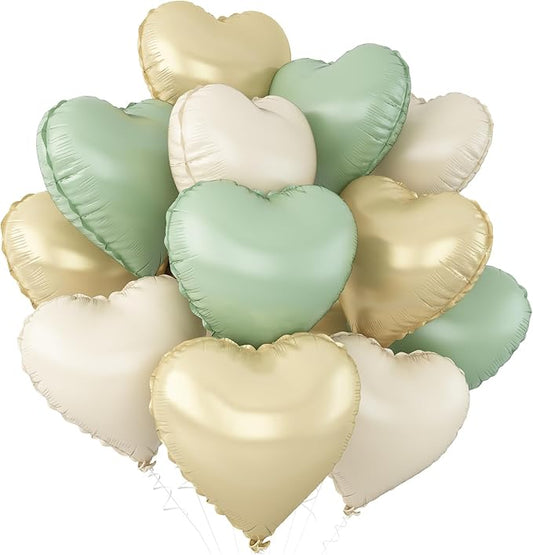 Sage Green Gold Heart Balloons,12Pcs Light Gold Heart Shaped Foil Balloons,18Inch Cream White Helium Balloon for Baby Shower Birthday Anniversary Wedding Party Decorations