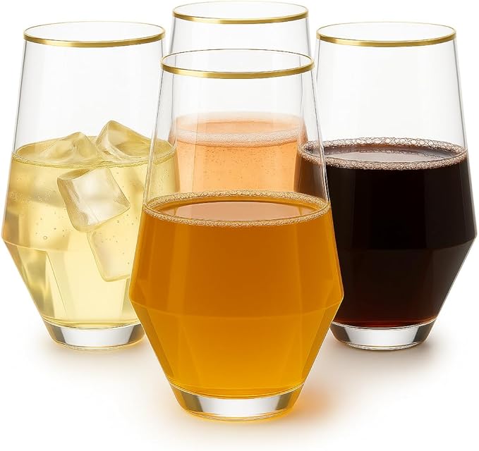 48 Pack Diamond Gold Rim Unbreakable Stemless Plastic Glasses 24 9oz Stemless Champagne Flutes & 24 12oz Cups BPA-Free, Disposable, Shatterproof Drinkware for Weddings, Bars, Events and parties