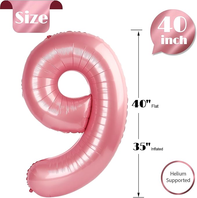 Pearlescent Pink Number 9 Balloon 40 Inch, 9th Birthday Party Decorations for Children, Giant 9 Foil Balloon for Party Supplies